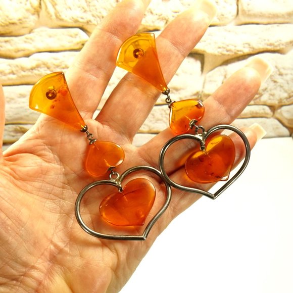 ANTIQUE AMBER EXTRA LONG EARRINGS, UNIQUE GIFT FOR WOMEN - Picture 2 of 10